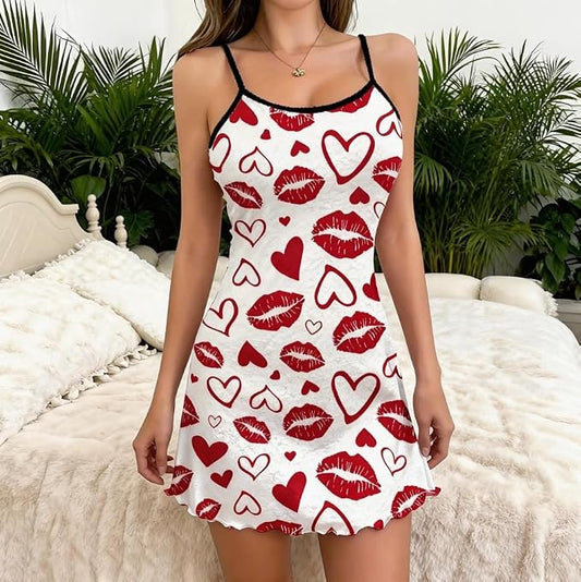 Womens Heart Graphic Pajama Dress Nightgown Spaghetti Strap Sleeveless Sleepwear for Home Sleep and Vacation